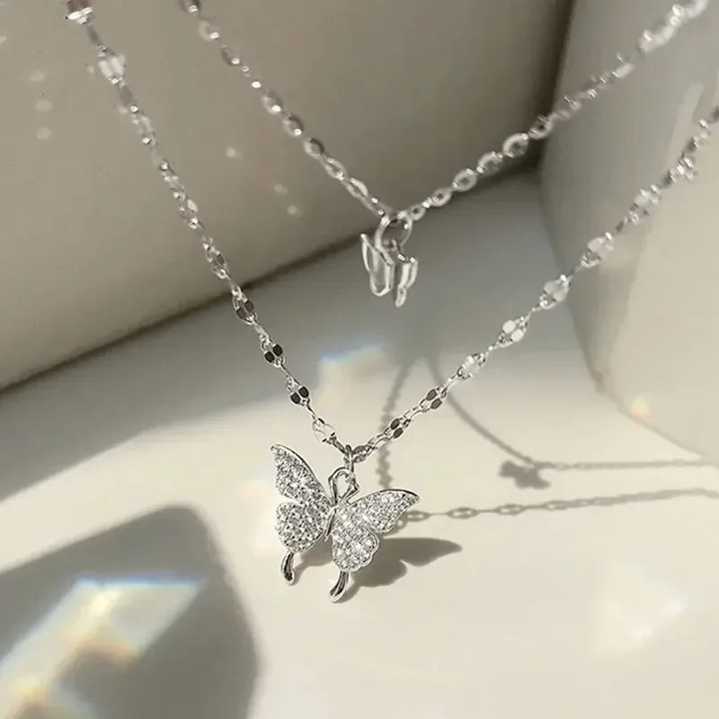 Double Layer Butterfly Necklace for Women, Lats Sparkling Collar Chain, Exquisite Jewelry, Banquet Party, Holiday Gift, 1